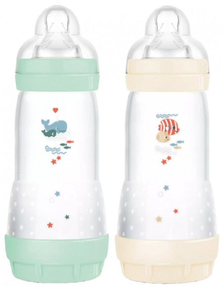 MAM 2 Biberons Easy Start 320 ml 4 Mois et + Débit 3 - Couleur : Menthe/Coton