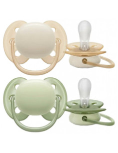 Avent Ultra Soft 2 Sucettes Orthodontiques Silicone - Modèle : Beige et Vert 0-6 Mois
