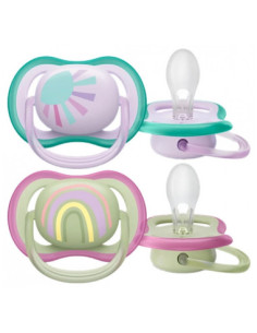 Avent Ultra Air 2 Sucettes Orthodontiques Silicone avec Motif Modèle : Soleil et Arc-en-Ciel Bleu - 0-6 Mois