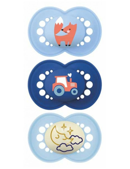 MAM 2 Sucettes Original Nature + 1 Sucette Original Nuit 18 Mois et + - Modèle : Bleu Clair et Foncé