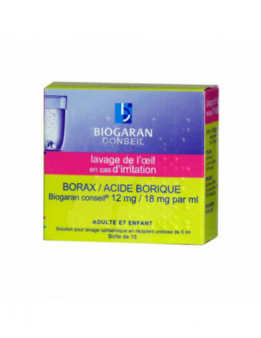 BORAX/ACIDE BORIQUE BIOGARAN CONSEIL 12mg/18mg par ml, solution pour lavage ophtalmique en récipient unidose - 15 x 5 ml