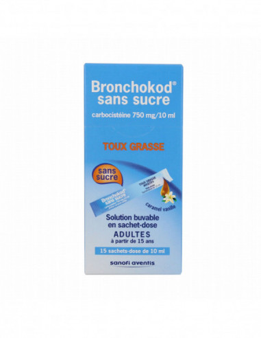 BRONCHOKOD 750MG/10ML ADULTES SANS SUCRE CARAMEL VANILLE, solution buvable en sachet-dose édulcorée à la saccharine sodique, au 