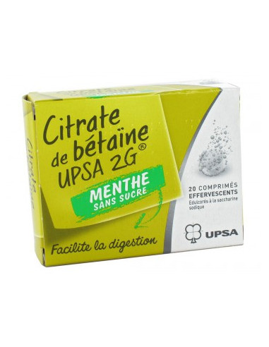 CITRATE DE BETAINE UPSA 2 g MENTHE SANS SUCRE, comprimé effervescent édulcoré à la saccharine sodique - 20 comprimés