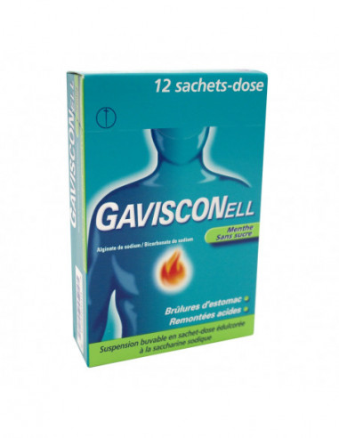 GAVISCONELL MENTHE SANS SUCRE, suspension buvable en sachet-dose édulcorée à la saccharine sodique  - 12 sachets