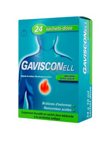 GAVISCONELL MENTHE SANS SUCRE, suspension buvable en sachet-dose édulcorée à la saccharine sodique- 24 sachets