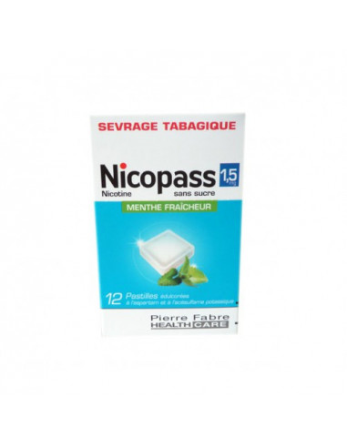 NICOPASS 1,5 mg SANS SUCRE MENTHE FRAICHEUR, pastille édulcorée à l'aspartam et à l'acésulfame potassique - 12 pastilles