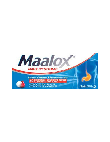 MAALOX MAUX D'ESTOMAC SANS SUCRE FRUITS ROUGES, comprimé édulcoré à la saccharine sodique, au sorbitol et au maltitol - 40 compr