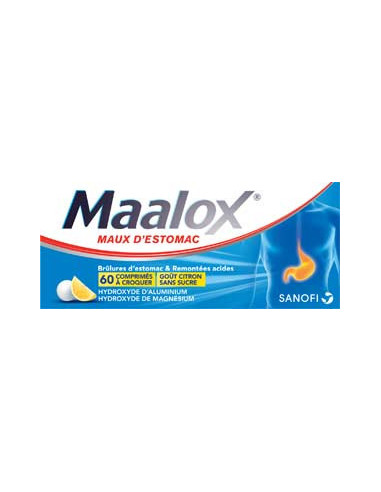 MAALOX MAUX D'ESTOMAC SANS SUCRE, comprimé à croquer édulcoré à la saccharine sodique, au sorbitol et au maltitol- 60 comprimés