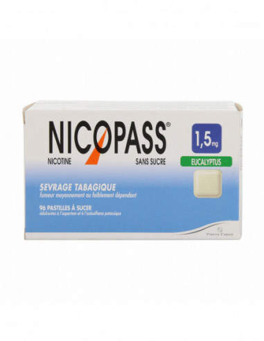 NICOPASS 1,5 mg SANS SUCRE EUCALYPTUS, pastille édulcorée à l'aspartam et à l'acésulfame potassique 96 pastilles