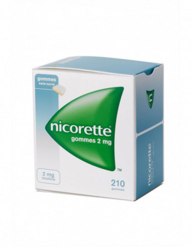 NICORETTE 2 mg SANS SUCRE, gomme à mâcher médicamenteuse édulcorée au sorbitol - 210 gommes