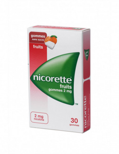 NICORETTE FRUITS 2 mg SANS SUCRE, gomme à mâcher médicamenteuse édulcorée au xylitol et à l'acésulfame potassique - 30 gommes