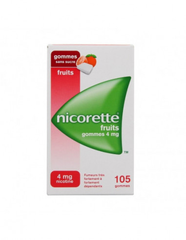 NICORETTE FRUITS 4 mg SANS SUCRE, gomme à mâcher médicamenteuse édulcorée au xylitol et à l'acésulfame potassique - 105 gommes