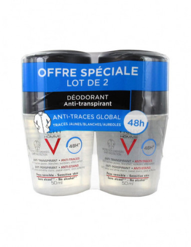 Vichy Homme Déodorant Anti-Transpirant 48H Anti-Traces - Lot de 2 x 50 ml