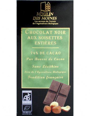 Moulin des Moines Chocolat Noir aux Noisettes Entières 74% de Cacao - 100g