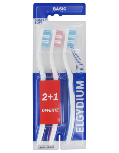 Elgydium Basic Brosse à Dents Souple Lot de 2 + 1 Offerte