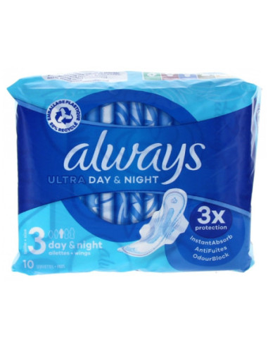 Always Ultra Day & Night Serviettes Hygiéniques Taille 3 - 10 unités 