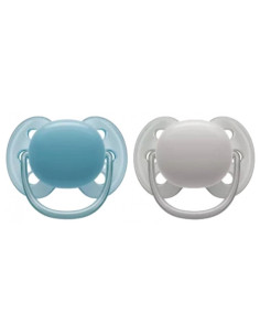 Avent Ultra Soft 2 Sucettes Orthodontiques Silicone Couleur : Bleu Vert/Gris -  6-18 Mois