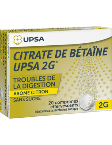 CITRATE DE BETAINE CITRON UPSA 2 g SANS SUCRE, comprimé effervescent édulcoré à la saccharine sodique - 20 comprimés
