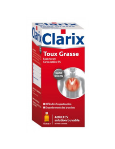 CLARIX EXPECTORANT CARBOCISTEINE 5% ADULTES SANS SUCRE, solution buvable édulcorée à la saccharine sodique - 250 ml