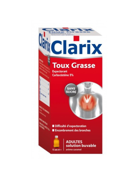 CLARIX EXPECTORANT CARBOCISTEINE 5% ADULTES SANS SUCRE, solution buvable édulcorée à la saccharine sodique - 250 ml