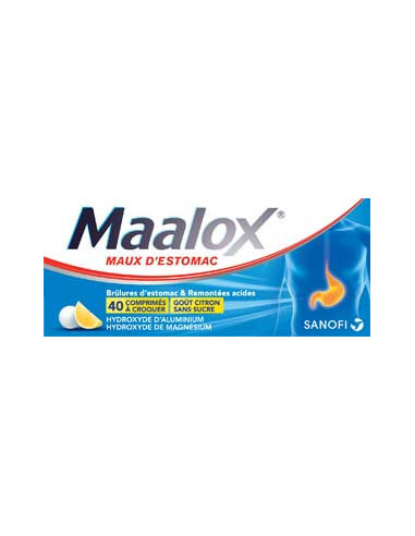 MAALOX MAUX D'ESTOMAC SANS SUCRE, comprimé à croquer édulcoré à la saccharine sodique, au sorbitol et au maltitol - 40 comprimés