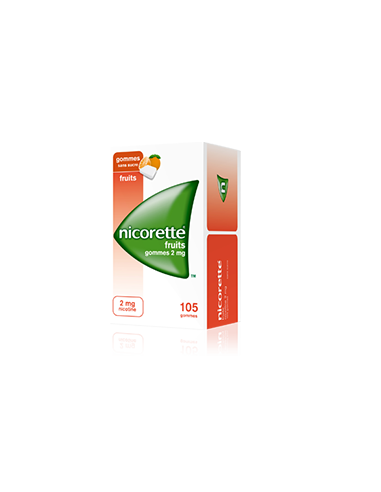 NICORETTE FRUITS 2 mg SANS SUCRE, gomme à mâcher médicamenteuse édulcorée au xylitol et à l'acésulfame potassique- 105 gommes