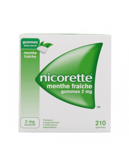NICORETTE MENTHE FRAICHE 2 mg SANS SUCRE, gomme à mâcher médicamenteuse édulcorée au xylitol et à l'acésulfame potassique - 30 g