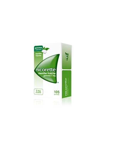 NICORETTE MENTHE FRAICHE 2 mg SANS SUCRE, gomme à mâcher médicamenteuse édulcorée au xylitol et à l'acésulfame potassique- 105 g