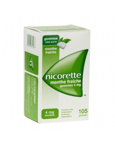 NICORETTE MENTHE FRAICHE 4 mg SANS SUCRE, gomme à mâcher médicamenteuse édulcorée au xylitol et à l'acésulfame potassique- 105 g