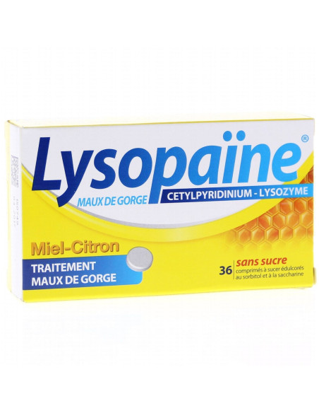 LYSOPAÏNE MAUX DE GORGE CETYLPYRIDINIUM LYSOZYME MIEL CITRON SANS SUCRE, 18 comprimés à sucer édulcoré au sorbitol et à la sacch